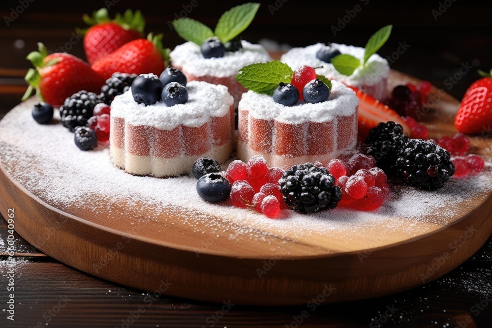berries bruschetta with a sprinkling of powdered sugar on a round wooden board berries bruschetta with a sprinkling of powdered sugar on a round wooden board