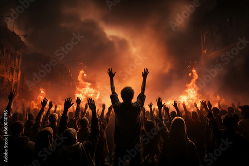 Protesting crowd of people with raised hands in a burning city - Generative AI