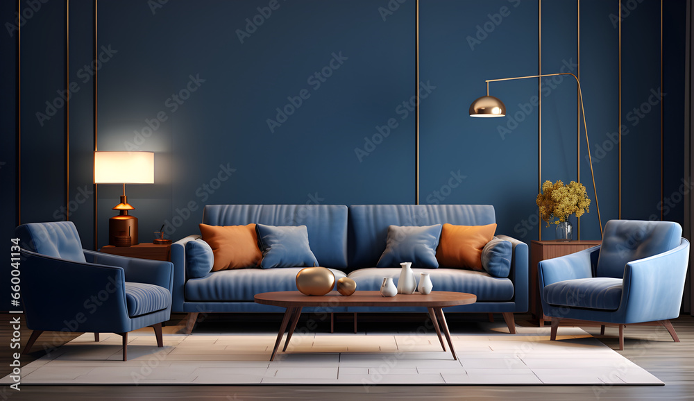 Sala com uma decoração moderna e cheia de estilo em tons de azul, bege e madeira. - obrazy, fototapety, plakaty 