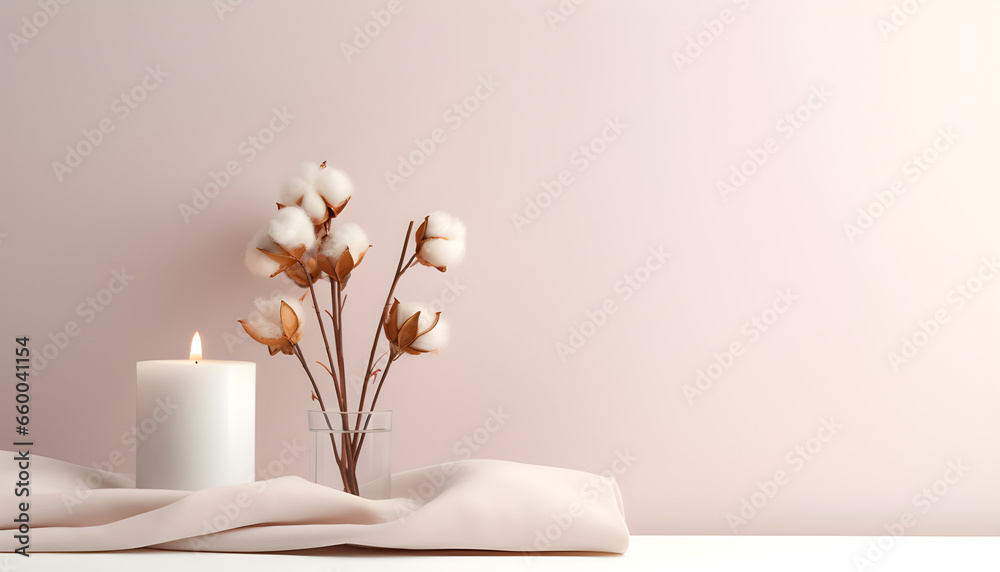 Flores e vela em uma mesa branco com um fundo em tons de rosa moderno trazendo elegância e minimalismo. Com espaço para texto Flores e vela em uma mesa branco com um fundo em tons de rosa moderno trazendo elegância e minimalismo. Com espaço para texto