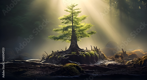 Uma árvore nascendo em uma floresta com uma bela iluminação. photo