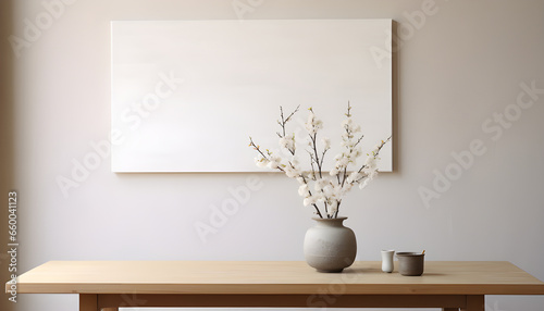Vaso com flores em uma mesa de madeira com fundo moderno em tons de cinza claro trazendo um ambiente de conforto e relaxamento photo