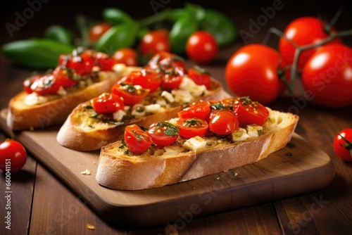 freshly roasted garlic bruschetta with red cherry tomatoes