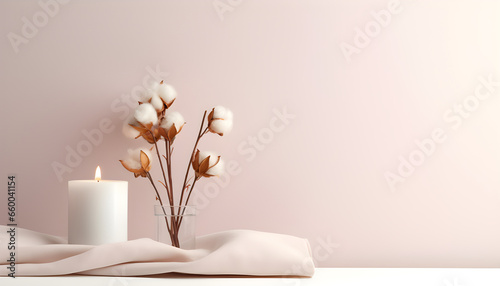 Flores e vela em uma mesa branco com um fundo em tons de rosa moderno trazendo elegância e minimalismo. Com espaço para texto