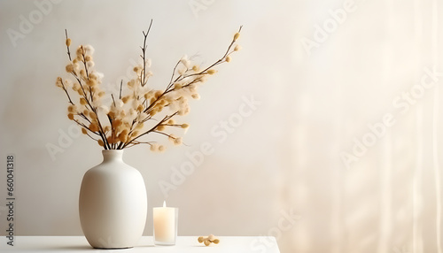 Mesa branca com vaso e flores e vela fundo em tons de bege moderno imagem minimalista com espaço para teto photo