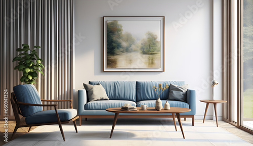 Sala decorada em tons de azul, bege e madeira compondo um ambiente leve e charmoso