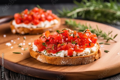 closeup of a round bruschetta with crumbled goat cheese and rosemary