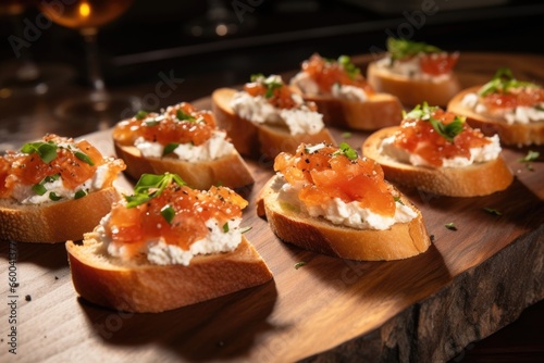 luxury display of golden toasted bruschetta with creamy goat cheese