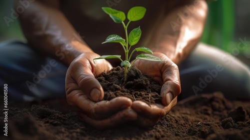Plant in hands Environment famer hands holding soil outdoor Ecology concept