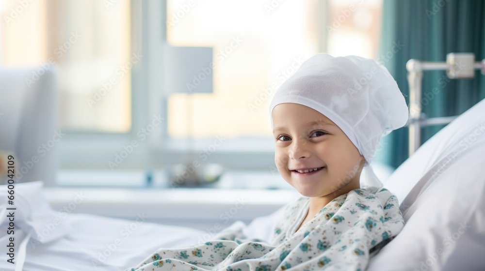 Portrait of the girl patient after chemotherapy girl fighting cancer wearing head scarf Childhood cancer awareness Portrait of the girl patient after chemotherapy girl fighting cancer wearing head scarf Childhood cancer awareness