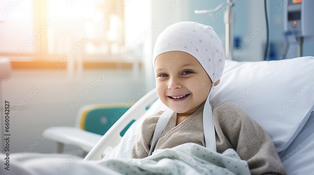Portrait of the girl patient after chemotherapy girl fighting cancer wearing head scarf Childhood cancer awareness Portrait of the girl patient after chemotherapy girl fighting cancer wearing head scarf Childhood cancer awareness