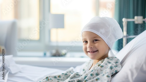 Portrait of the girl patient after chemotherapy girl fighting cancer wearing head scarf Childhood cancer awareness