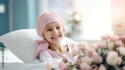 Portrait of the girl patient after chemotherapy girl fighting cancer wearing head scarf Childhood cancer awareness