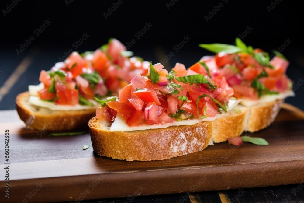 close view of bruschetta with pickled garlic on a crisscrossed napkin close view of bruschetta with pickled garlic on a crisscrossed napkin