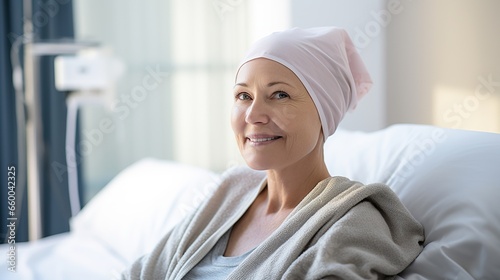 Portrait of the patient woman after chemotherapy female cancer patient wearing head scarf