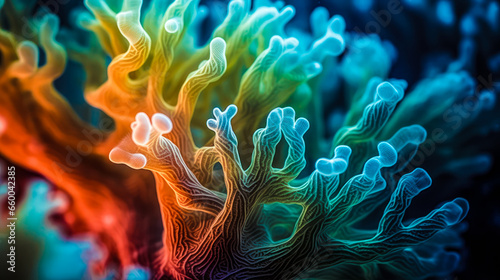 colorful high detailed macro image of sea corals, vivid multicolor textured wallpaper background of sea life corals reef © everigenia