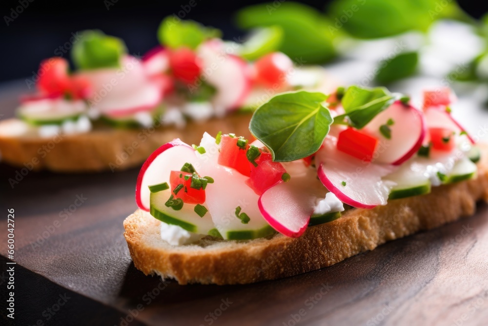 close-up of bruschetta topping with thinly sliced radish