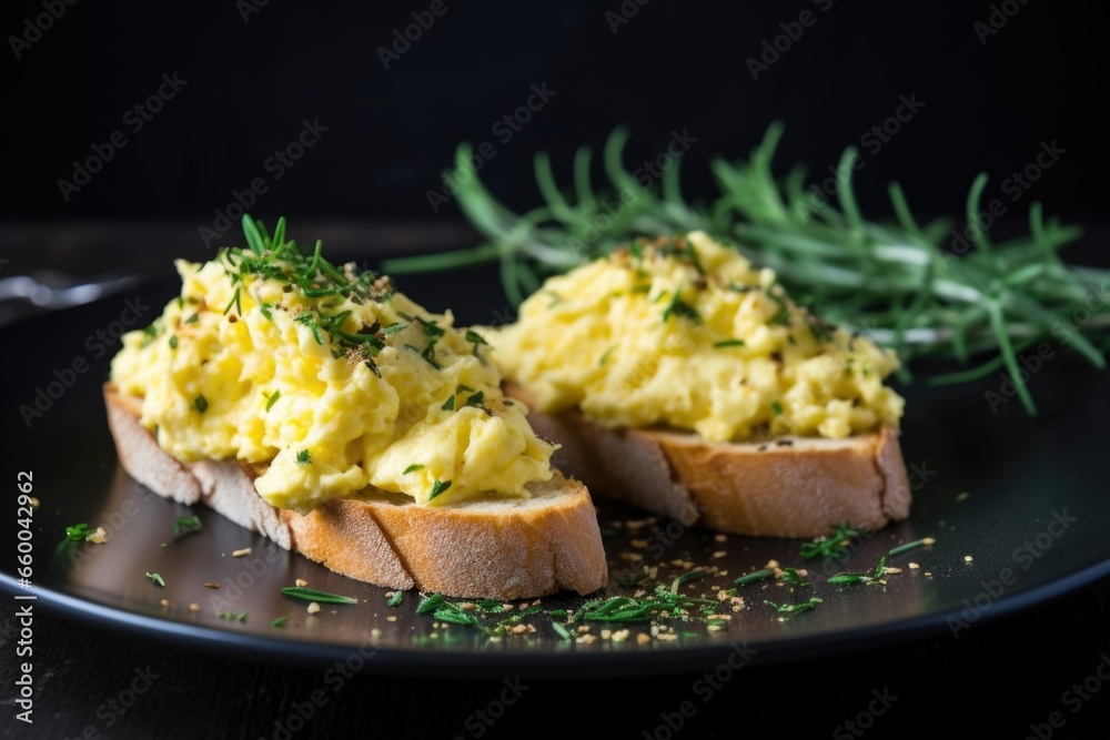 scrambled eggs on toasted bruschetta, topped with rosemary twigs