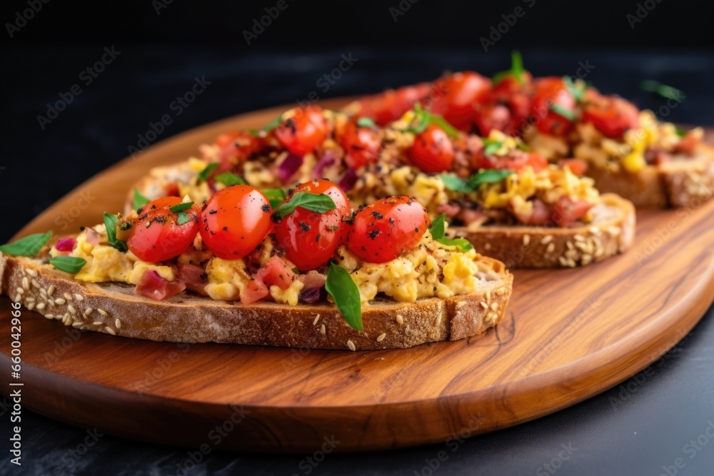 high angled shot of multi grain bruschetta with scrambled eggs for a healthy breakfast high angled shot of multi grain bruschetta with scrambled eggs for a healthy breakfast