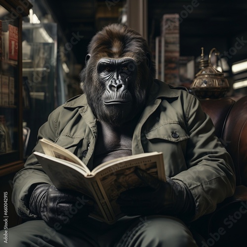 Gorilla reader in library, photorealistic portraiture