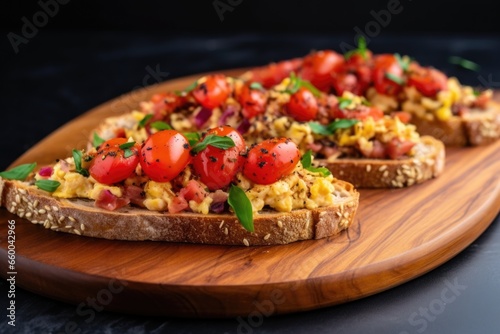 high angled shot of multi grain bruschetta with scrambled eggs for a healthy breakfast