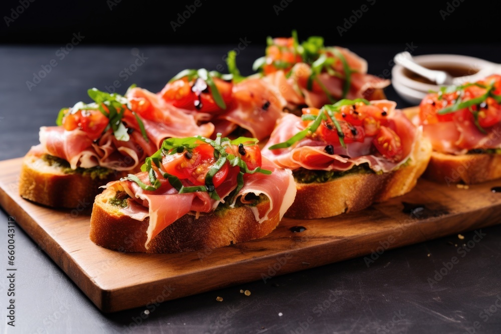 five pieces of serrano ham bruschetta arranged in a row five pieces of serrano ham bruschetta arranged in a row