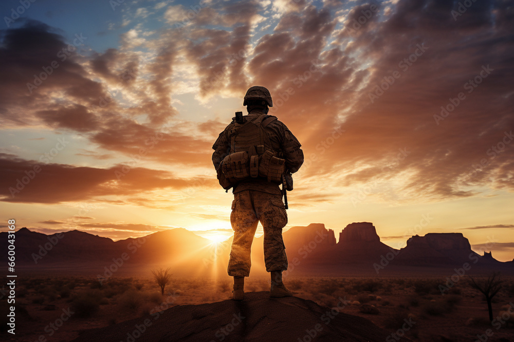 Against a breathtaking desert sunrise, a soldier in uniform stands in silhouette, the promise of a new day bringing hope and resolve to their military duties in the arid landscape. 