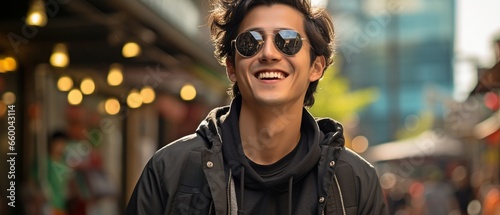 An urban cityscape serves as the backdrop for this fashion portrait of a young Asian man sporting sunglasses and a distracted expression.. photo