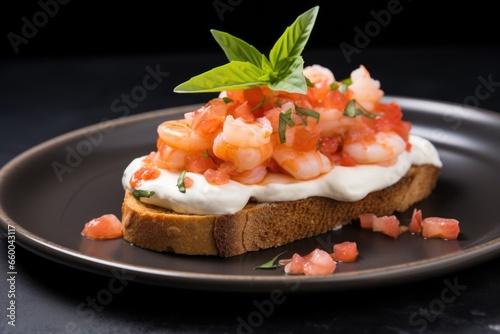 bruschetta topped with shrimps and dollop of cream on a grey plate