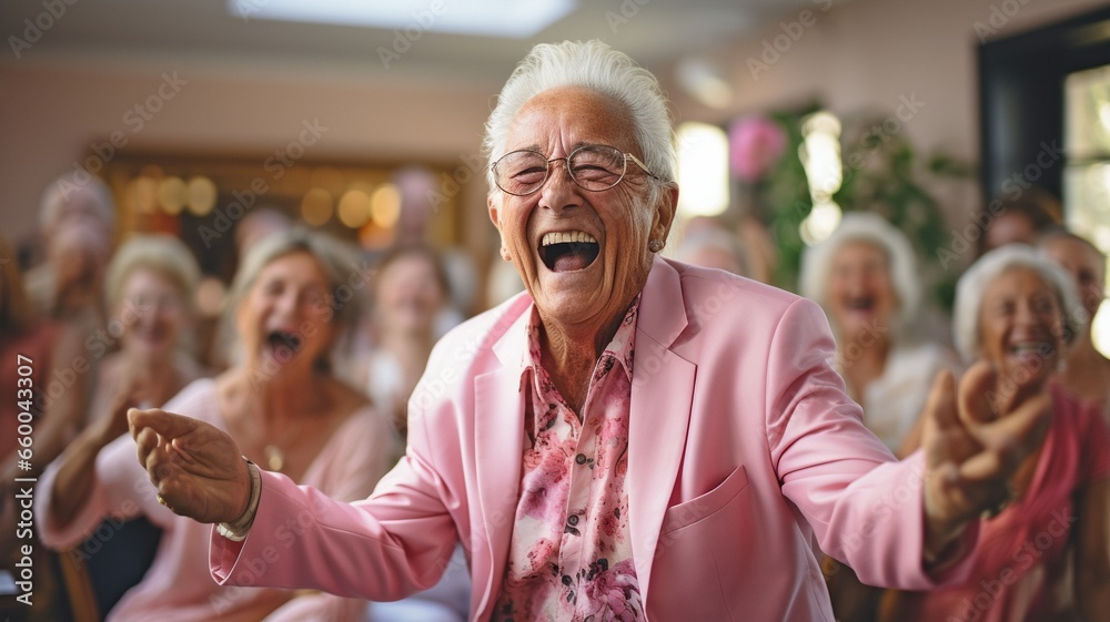Full-length shot of senior citizens participating in activities and dancing in a retirement home's interior. Full-length shot of senior citizens participating in activities and dancing in a retirement home's interior.
