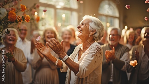 Full-length shot of senior citizens participating in activities and dancing in a retirement home's interior.