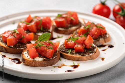 bruschetta with zaatar and goat cheese on a porcelain plate