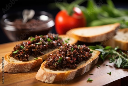 tapenade and whole grain bruschetta with a sprig of thyme