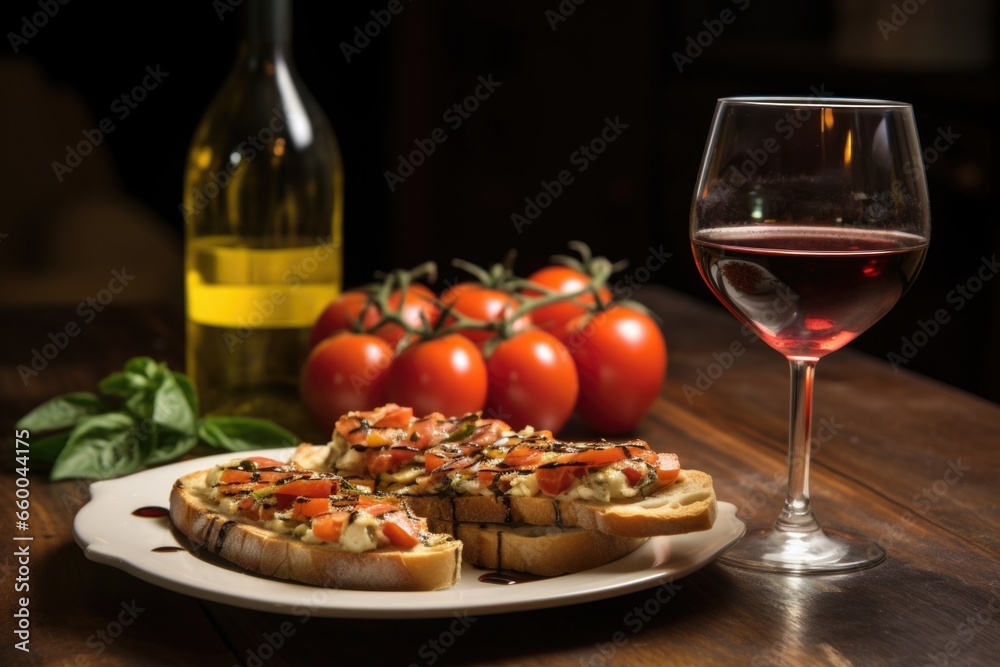 tuna bruschetta accompanied by a glass of white wine