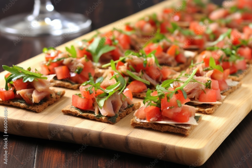 bruschetta with tuna stacked on a ceramic rectangle tray