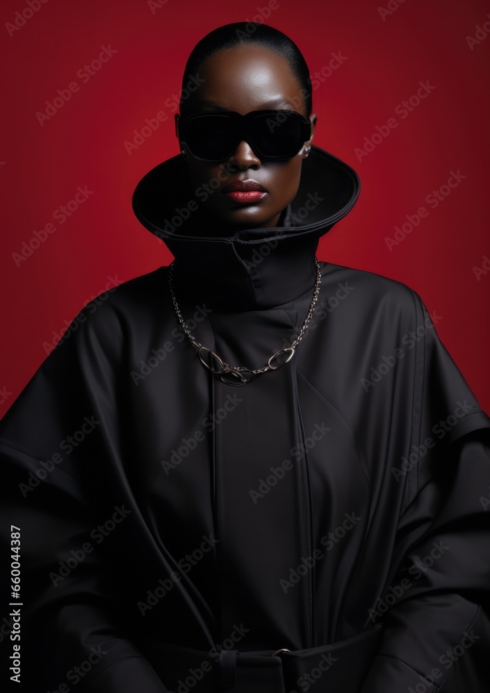Black African girl model wearing an oversized jacket. Black, red, and burgundy color outfits. Spring Summer fashion collection Black African girl model wearing an oversized jacket. Black, red, and burgundy color outfits. Spring Summer fashion collection