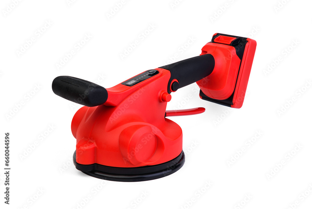 Red rechargeable vibrating vacuum suction cup for laying tiles isolated on a white background.