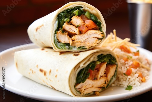 close-up of burrito filled with grilled chicken
