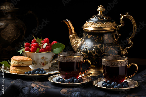 Elegant tea time, Traditional English tea setting with tea cups, saucers, and scones