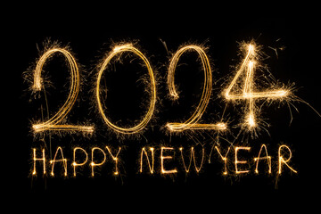 Happy New Year 2024. Sparkling burning text Happy New Year 2024 isolated on black background.