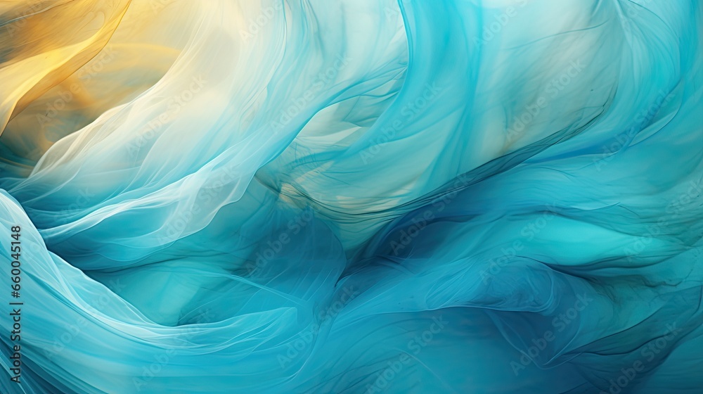 Fractal patterns reminiscent of ocean currents, with a color palette of turquoise, deep blues, and sandy yellows