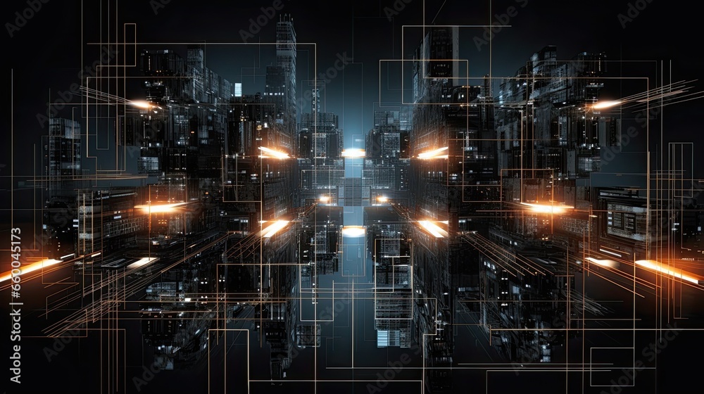 Hustle and grid of urban life in a fractal pattern, drawing from metallic silvers, blacks, and neon accents Hustle and grid of urban life in a fractal pattern, drawing from metallic silvers, blacks, and neon accents