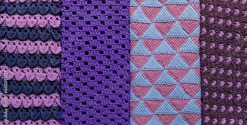 Blue purple crochet collection in different patterns. Knitted background.