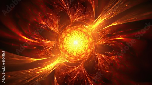 Heat of the sun mirrored in a fractal that shows intense flares and patterns, using hot reds, yellows, and oranges