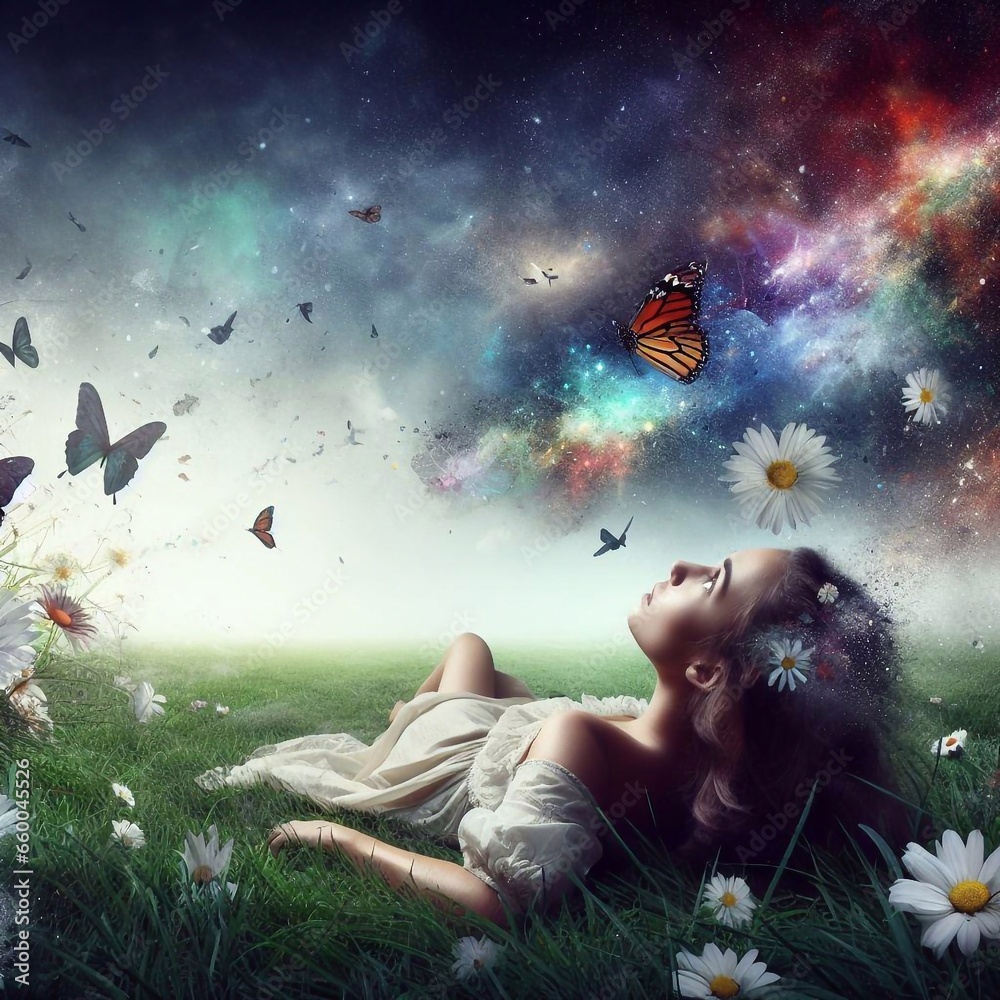 Woman laying on a flower field with butterflies 