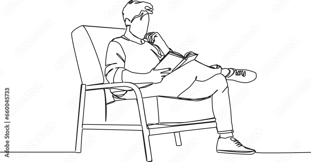 continuous single line drawing of man in comfortable armchair reading a book, line art vector illustration continuous single line drawing of man in comfortable armchair reading a book, line art vector illustration