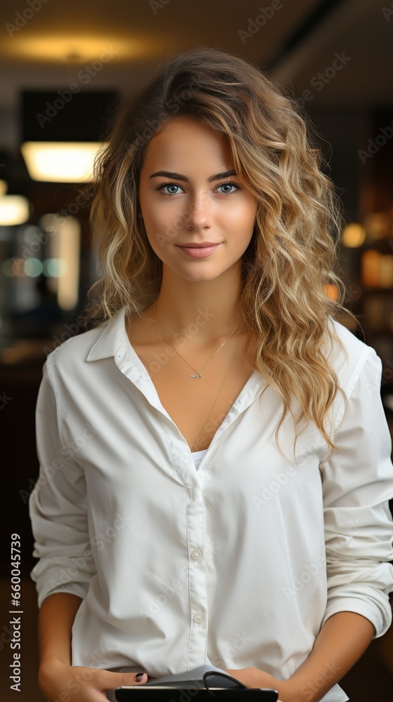 Young woman programmer in a portrait holding a digital tablet and addressing the camera while seated at a desk.. Young woman programmer in a portrait holding a digital tablet and addressing the camera while seated at a desk..