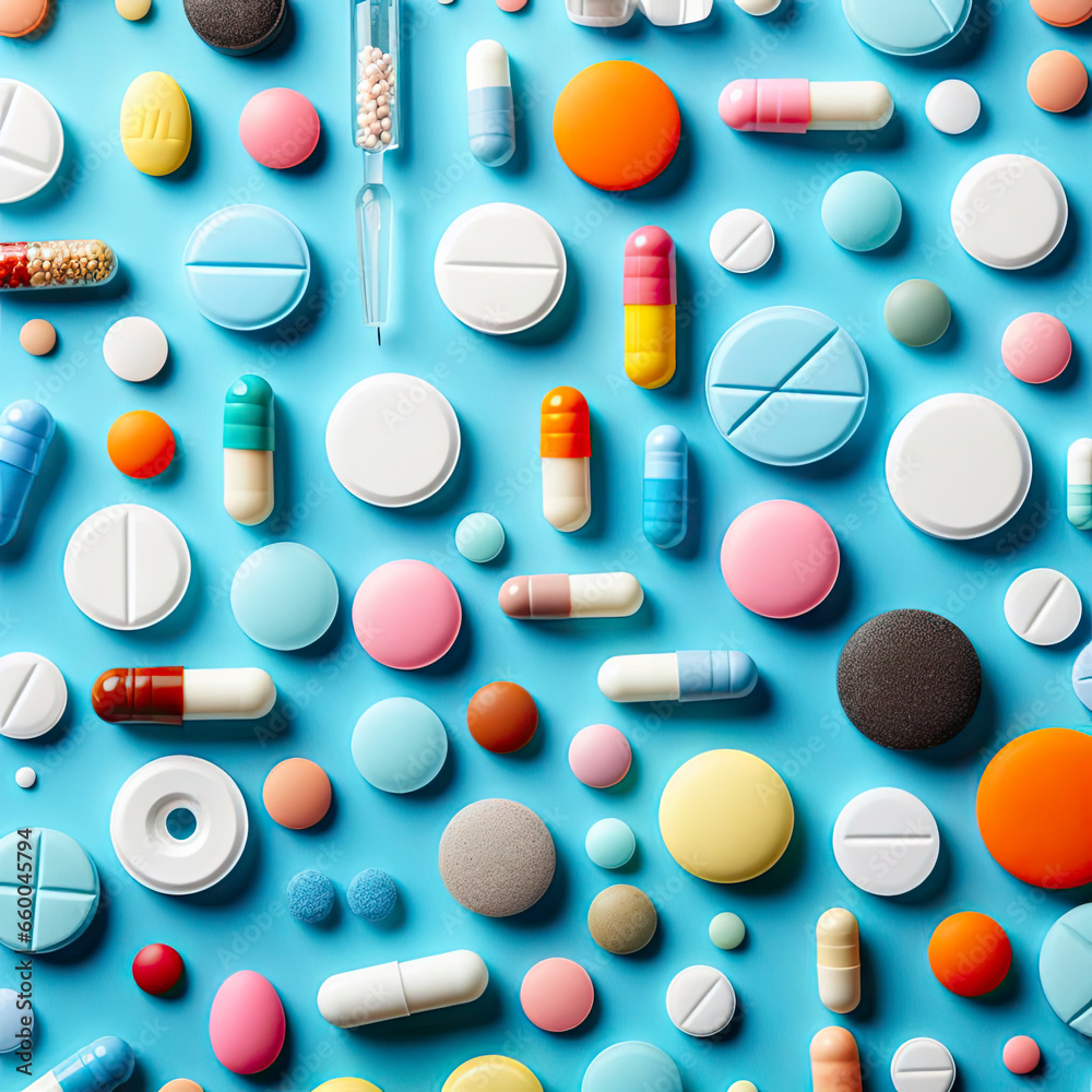 different tablets and capsules on a blue background. ai generative different tablets and capsules on a blue background. ai generative