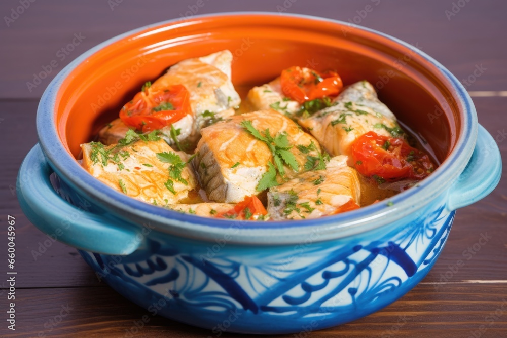marinated fish fillets in a blue ceramic bowl marinated fish fillets in a blue ceramic bowl