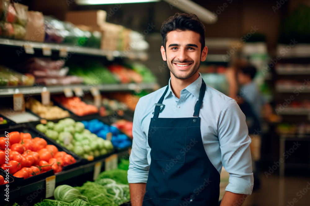 A handsome male supermarket worker on a background of fresh vegetables and fruits.